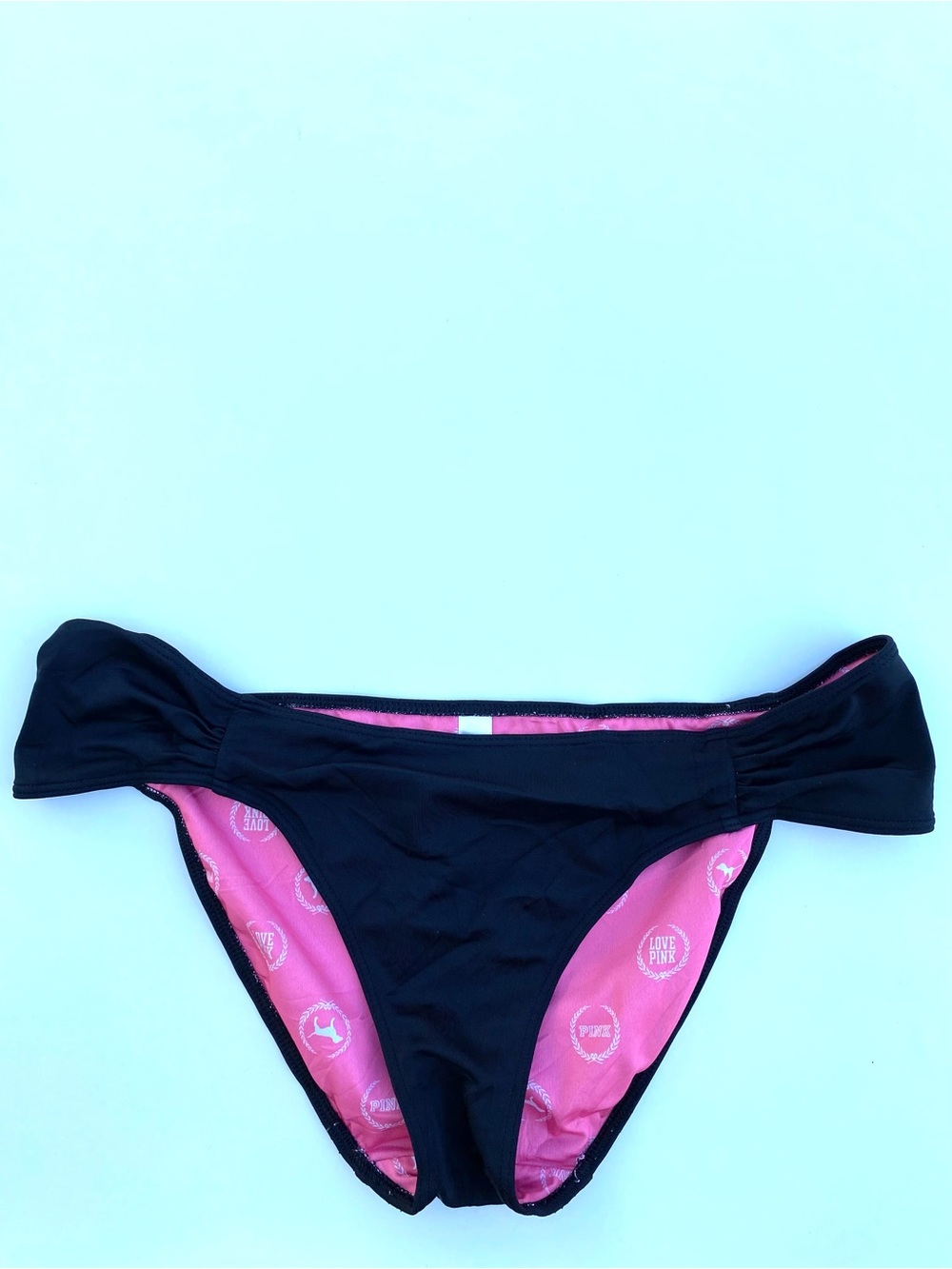 PINK Victoria’s Secret Black Bikini Bottoms Love PINK Logo Ruched Sides Y2K